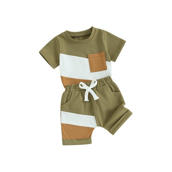 Toddler Boys Summer Shorts Set, Contrast Color Short Sleeve T-shirt with Elastic Waist Shorts Set
