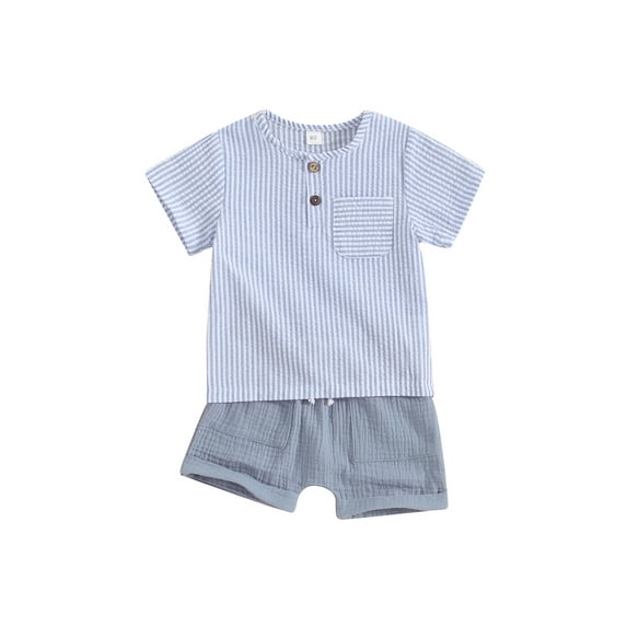 Toddler Boys Summer Shorts Sets, Short Sleeve Button Striped Tops and Drawstring Shorts Sets