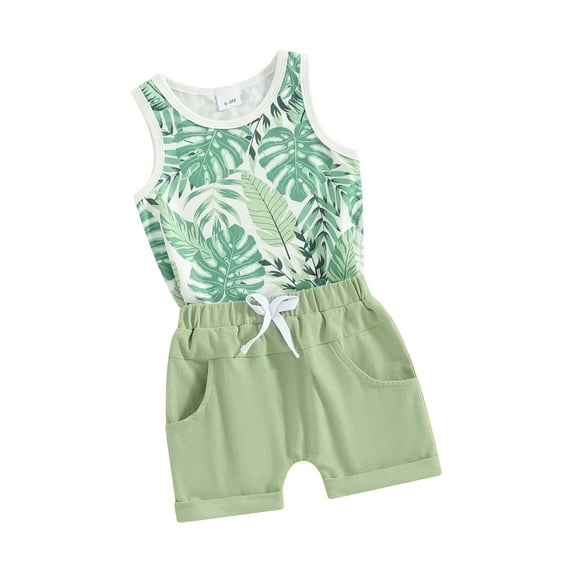 Toddler Boys Summer Shorts Sets, Sleeveless Leaf Print Vest Tops and Drawstring Shorts Sets
