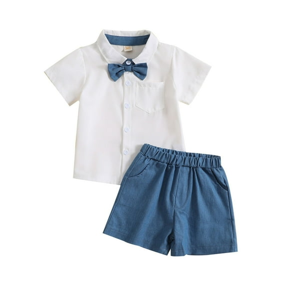 Toddler Boys Summer Suit Short Sleeved White Shirt With Bow Tie Blue Shorts Performance Suit Summer Clothing