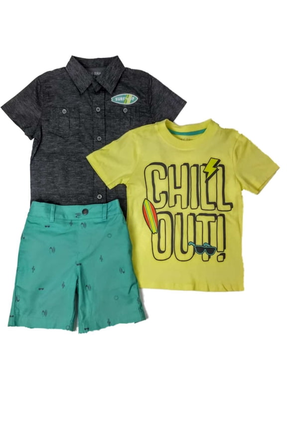 Toddler Boys Surfs Up Outfit Button Front Shirt Chill Out T-Shirt & Shorts 4T