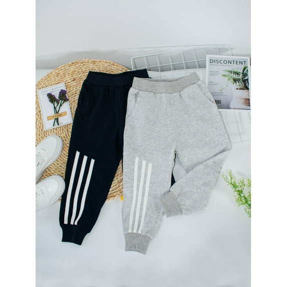 HILEELANG Toddler Boys' SweatPants Joggers Cotton Casual 2-Pack Pull on Pure Color Blue Grey Sport Playwear Pants 5Y