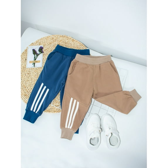 HILEELANG little Boys' SweatPants Joggers Cotton Casual 2-Pack Pull on Pure Color Blue Khaki Sport Playwear Pants 7Y