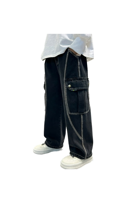 Toddler Boys Sweatpants 7-8 Years Back to School Boys Black Dress Pants Slim fit Boys' Loose fit Jeans Oversized Straight Leg Denim Overalls Wide Leg Baggy Pants for Big Boys Spring Casual Wear
