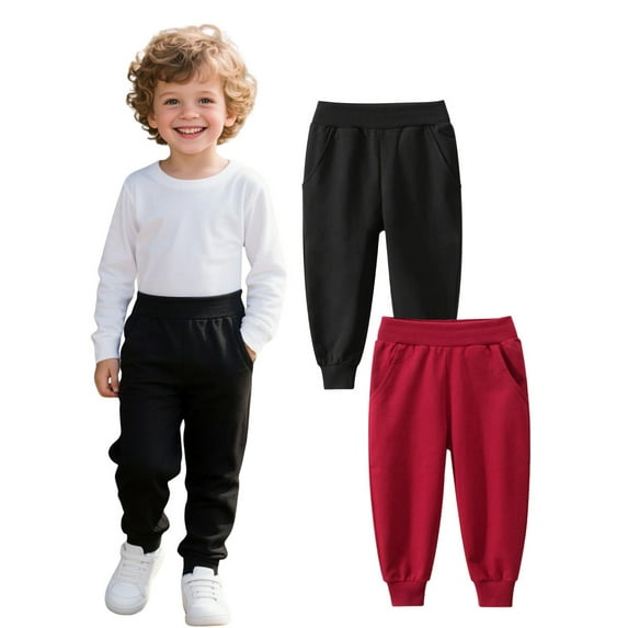 HILEELANG Toddler Boys' Sweatpants Cotton Joggers 2-Pack Pull on Black Wine Playwear Sport Athletic Pants 2Y