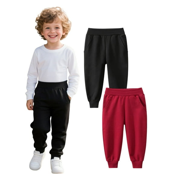 HILEELANG little Boys' Sweatpants Cotton Joggers 2-Pack Pull on Black Wine Playwear Sport Athletic Pants 7Y