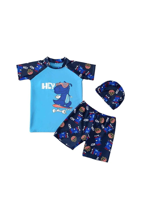 Toddler Boys Swimsuit 3 Piece Swimwear Hat UPF 50+ Short Sleeve Bathing Suit Rash Guards and Swim Sets Size 4-5T