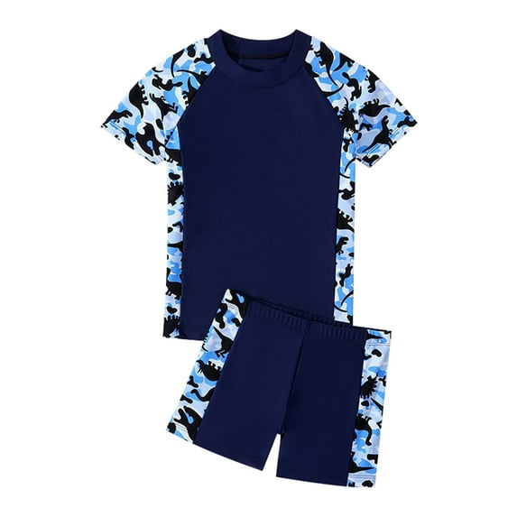 Toddler Boys Swimsuit Set Short Sleeve Rash Guards Shirts and Swim Trunks 2 Pieces Breathable Quick Drying Bathing Suit Kids Swimwear Blue 4-5 Years