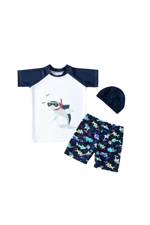 Toddler Boys Swimsuit 3 Piece Swimwear Hat UPF 50+ Short Sleeve Bathing Suit Rash Guards and Swim Sets Size 4-5T