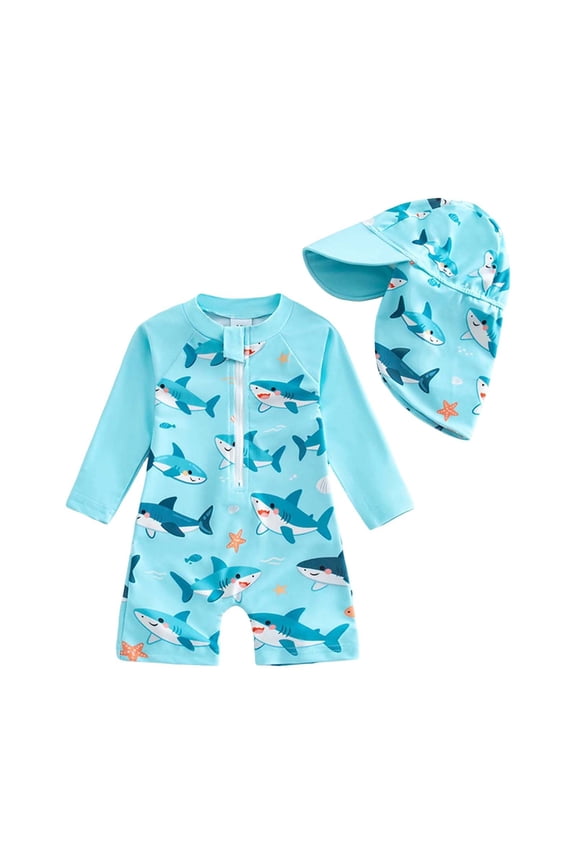 Toddler Boys Swimsuits Long Sleeve One-Piece With Hood Upf 50+ Sun Protection Cartoon Animal Print Zip Front Rashguard Bathing Suit Size 2-3T