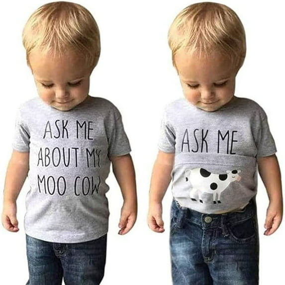 Toddler Boys T-Shirts Fashion Round Neck Short Sleeve Summer Vacation T Shirts Ask Me About My Moo Cow Printing Tee Tops Fashion Daily Playwear Tshirt Tops