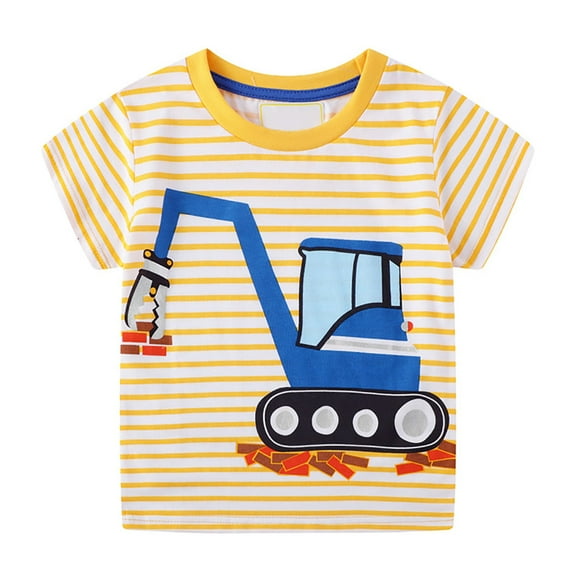 Toddler Boys T-Shirts Summer Short Sleeved Cartoon Print Round Neck Stripe T-Shirt Kid Boys Outdoor Active Play Comfortable T-Shirts,6 -7 Years