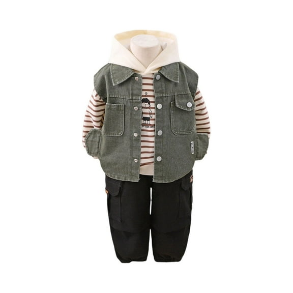 Toddler Boys Three Piece Outfit Set Hooded Striped Shirt Denim Vest Cargo Pants Casual Fall Clothing Ensemble