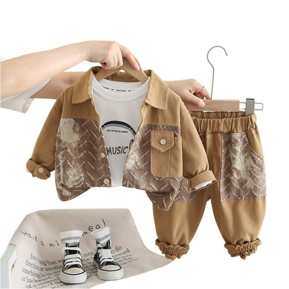 Toddler Boys Three Piece Outfit Set Jacket Pants and Short Sleeve Printed T Shirt Casual Clothing with Pattern Design