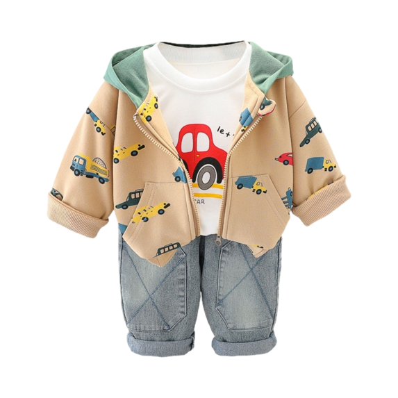 Toddler Boys Three Piece Outfit Set Long Sleeve Hooded Jacket Printed T Shirt and Denim Pants Casual Clothing for Kids