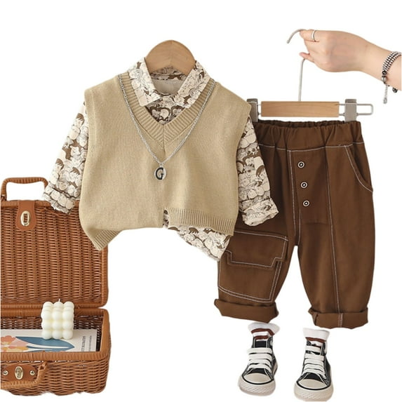 Toddler Boys Three Piece Outfit Set Long Sleeve Printed Shirt Knit Vest Elastic Waist Pants Casual Look