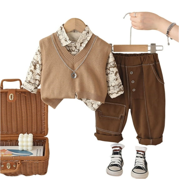 Toddler Boys Three Piece Outfit Set Long Sleeve Printed Shirt Knit Vest Elastic Waist Pants Casual Look