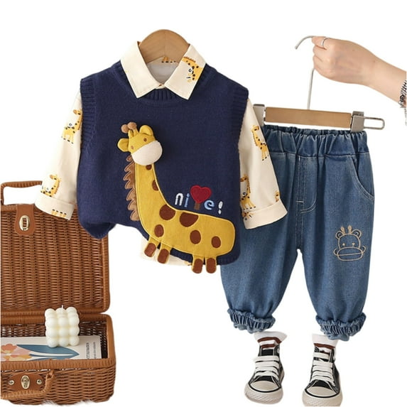 Toddler Boys Three Piece Outfit Set Long Sleeve Shirt Giraffe Print Pullover Vest Elastic Waist Denim Pants Casual Wear
