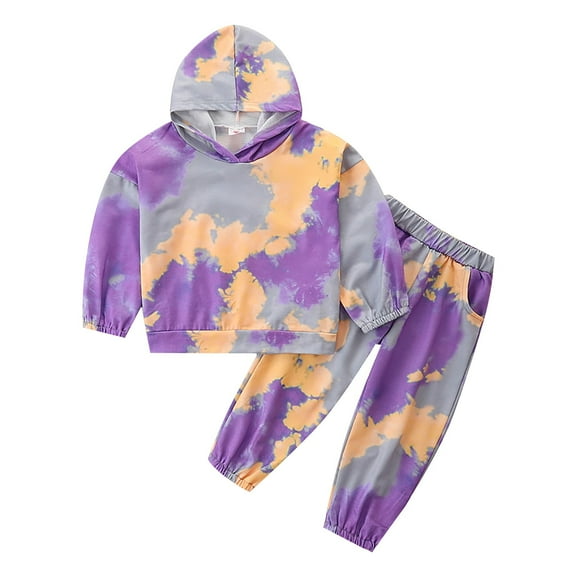 Toddler Boys Tie Dye Purple Sports Set Long Sleeve Hooded Sweatshirt   Elastic Waistband Pants With Pockets School Wear