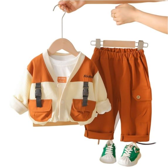 Toddler Boys Two Piece Outfit Set Long Sleeve Button Down Jacket with Pockets and Elastic Waist Pants Casual Style