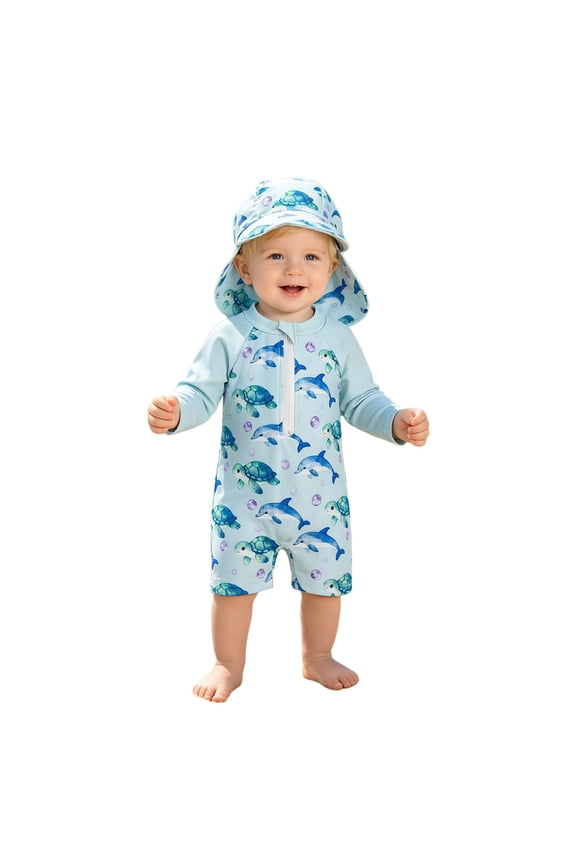 Toddler Boys Two Piece Rash Guard Swimsuits Set with Swim Trunk Lightweight Zip Up One Piece And Swim Cap With Colorful And Turtle Prints For Sunny Season Swimwear Size 2-3T