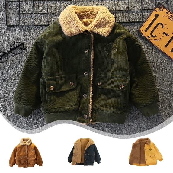 Toddler Boys Winter Corduroy Coat Sherpa Lined Trucker Jacket Size 1-8Y Warm Outerwear Button Down Jacket thermal Outerwear Army Green 1 Years(90)