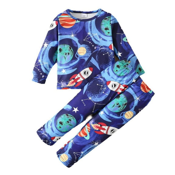 Toddler Boys Winter Sleepwear Set Long Sleeve Pajamas Soft Space Rocket Print Two Piece Pajama Kids