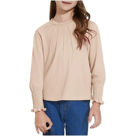 Toddler Breathable Long Sleeve Tops New Girls Long Sleeve Shirts Casual Loose Tops Pleated Hem Crewneck Soft Pullover Ruffle Cuffs Blouses Khaki 150