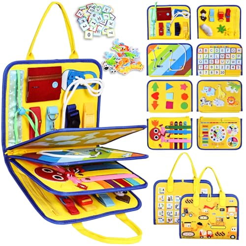 Toddler Busy Board Montessori Toys for Boys Girls,Sensory Board Educational Activities for Learning Fine Motor Skills,Birthday Gifts for Toddlers,Travel Toys for Airplane Car,Yellow Truck