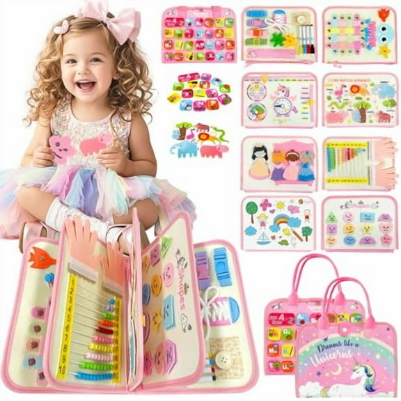 Toddler Busy Board Montessori Toys for Girl Birthday Gift,Educational Learning Sensory Busy Book,Airplane Car Travel Activities Toy for Girl(Pink)