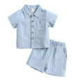 thumbnail image 1 of Toddler Button Down Shirt Button-Down Shirt Tops + Cotton Linen Shorts Summer Outfit 2PCS with Pockets, 1 of 6
