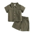 thumbnail image 1 of Toddler Button Down Shirt Button-Down Shirt Tops + Cotton Linen Shorts Summer Outfit 2PCS with Pockets, 1 of 6