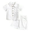 thumbnail image 1 of Toddler Button Down Shirt Button-Down Shirt Tops + Cotton Linen Shorts Summer Outfit 2PCS with Pockets, 1 of 7