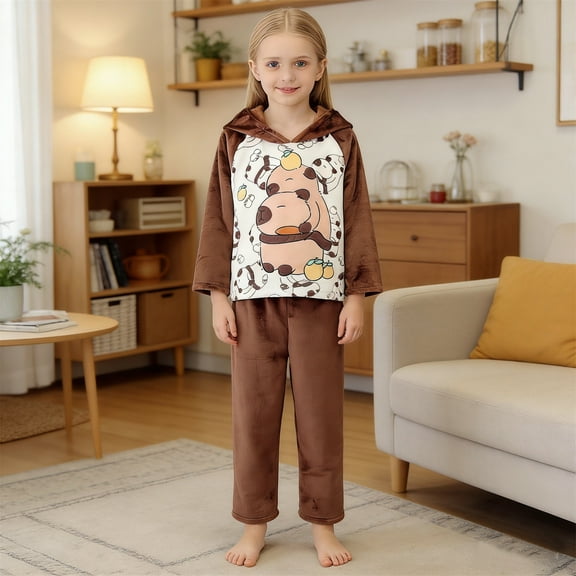 Toddler Capybara Pajamas Sets Kids Pajama Hooded Top And Bottoms Flannel Loungewear Home Sleepwear Coffee 7 Y-8 Y