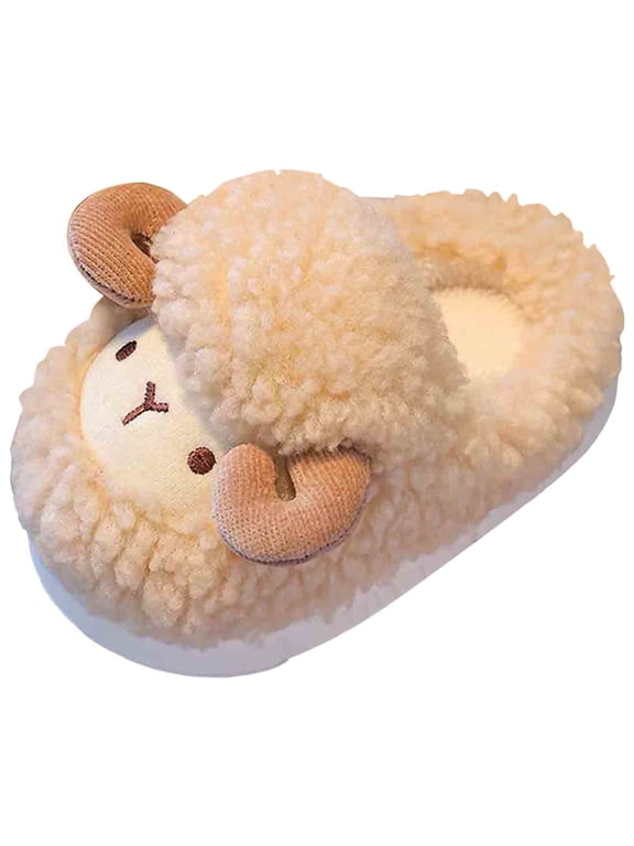 Toddler Cartoon Sheep House Slippers Boys Girls Winter Warm Plush Non Slip Walking Slide Shoes