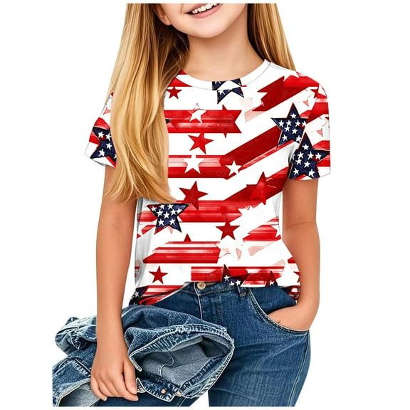 Toddler Casual Patriotic Tshirts Boys Cotton Tee Shirts Girls 4th of July USA Flag Graphic Tees Kids Clothes Blue, 7 Years