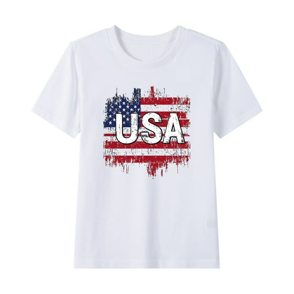 Toddler Casual Patriotic Tshirts Boys Cotton Tee Shirts Girls Independence Day American Flag Graphic Tees Kids Clothes White, 9 Years