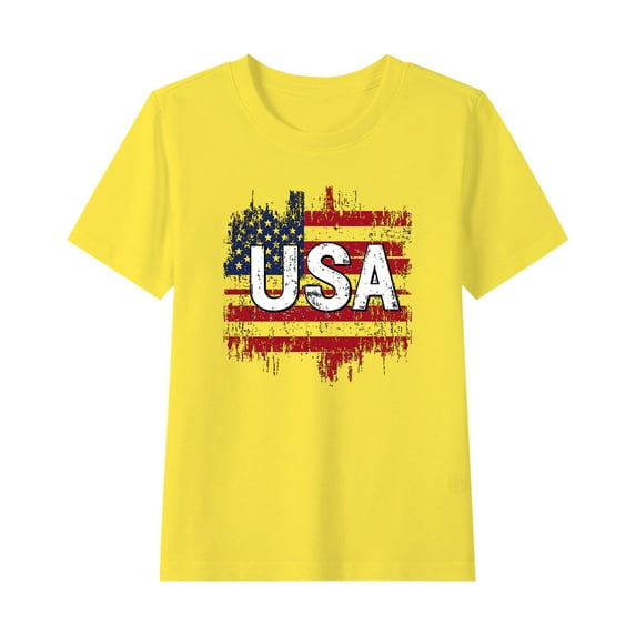 Toddler Casual Patriotic Tshirts Boys Cotton Tee Shirts Girls Independence Day American Flag Graphic Tees Kids Clothes Yellow, 7 Years