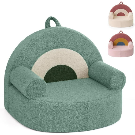 Toddler Chair Comfy, Foam Kids Chair with Soft Teddy Plush, Toddler Reading Chair with Cute Rainbow Designs- Sage Green