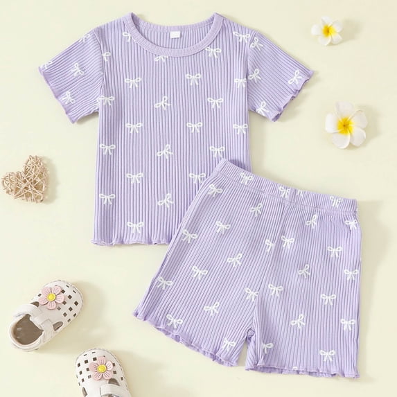 Toddler Checkered Shorts Girl Girls Summer Outfits Short Sleeve Bow Print Candy Color Crewneck T Shirt Girls' Clothing Sets