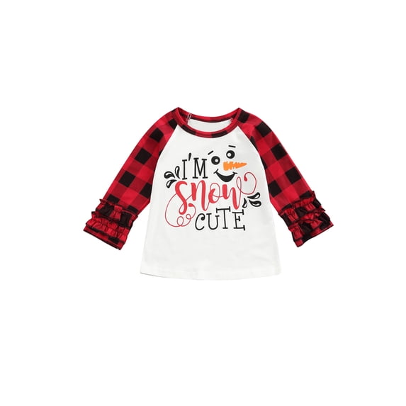 Toddler Child Christmas Long Sleeve T-Shirt Kids Letter Ruffle Plaid Printed T Shirts For Baby Girl T Shirt Girl Tops Tee