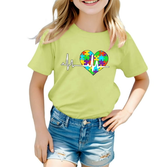 Toddler Child Girls Tee Short Sleeved T Shirt Cartoon Flowers Printed Pure Color Crewneck Casual Tops size 3-4T