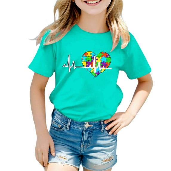 Toddler Child Girls Tee Short Sleeved T Shirt Cartoon Flowers Printed Pure Color Crewneck Casual Tops size 5-6T