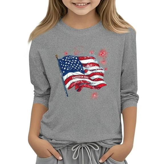 Toddler Child Girls Tee Short Sleeved T Shirt Cartoon Independnet Day Flag Printed Pure Color Crewneck Casual Tops size 12-13T