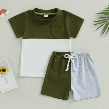Toddler Children Boys 2Pcs High Quatily  Cotton Short Sleeve Splice Color T-shirts Drawstring Short Pants Round Neck