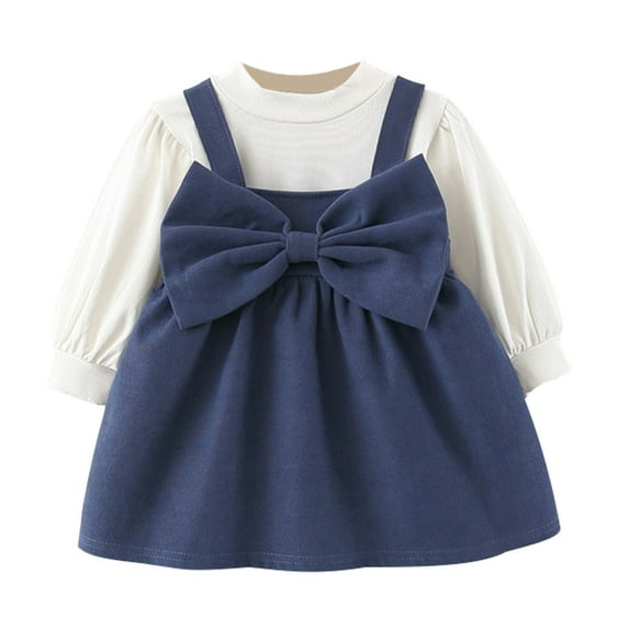 Toddler Children Girl Long Sleeve Dress with Large Bow and Suspender Skirt Soft Comfortable Outfit for Parties Daily Wear