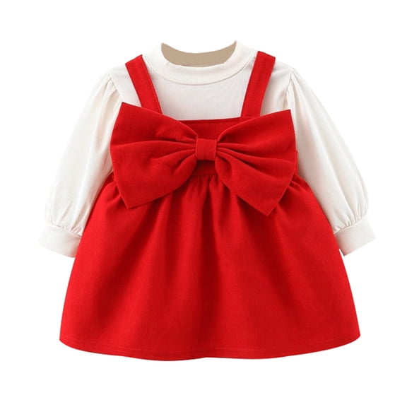 Toddler Children Girl Long Sleeve Dress with Large Bow and Suspender Skirt Soft Comfortable Outfit for Parties Daily Wear
