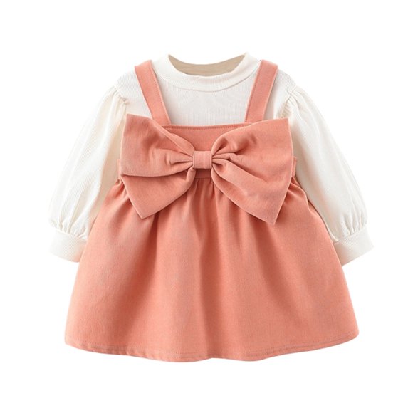 Toddler Children Girl Long Sleeve Dress with Large Bow and Suspender Skirt Soft Comfortable Outfit for Parties Daily Wear