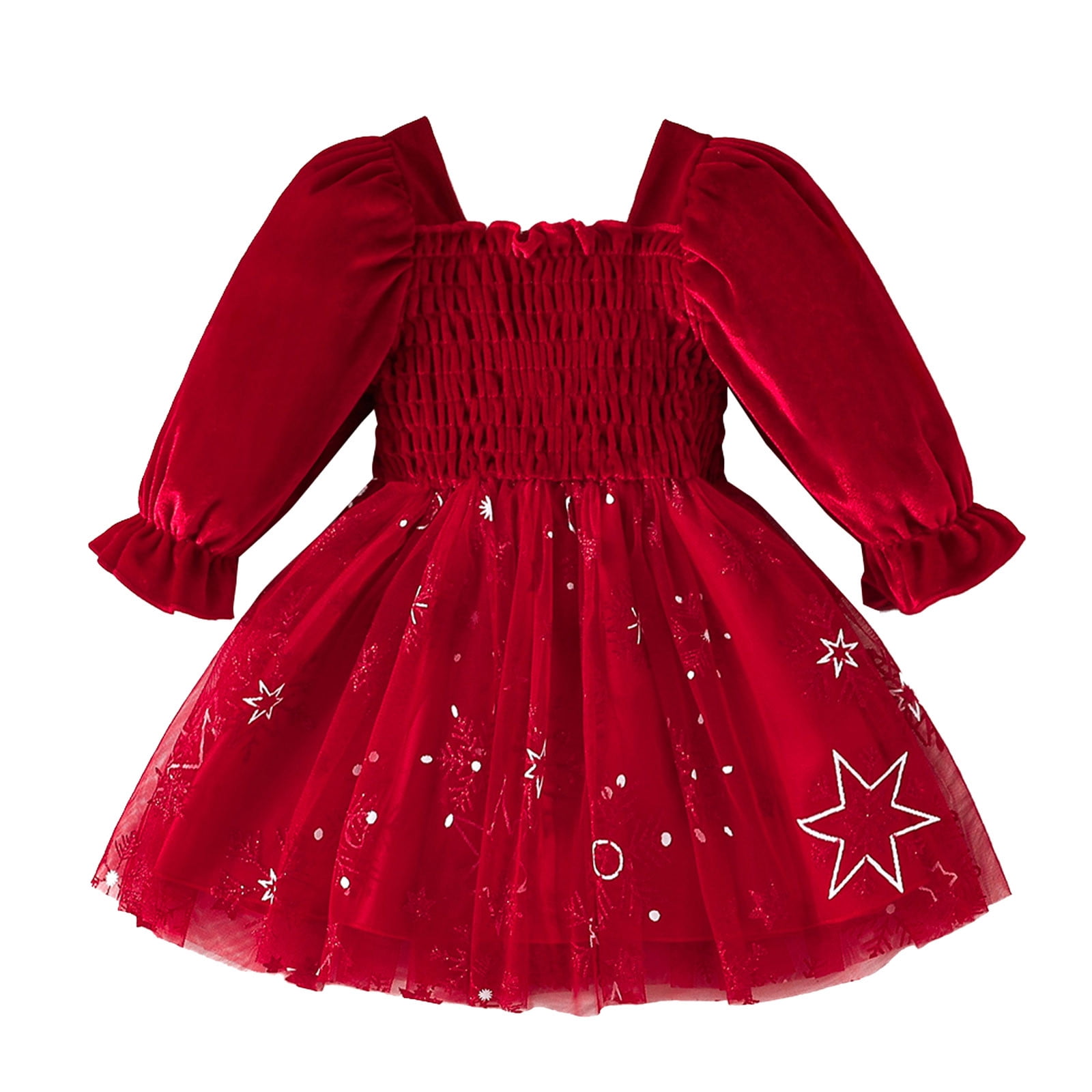Toddler Children Girls Christmas Long Sleeve Star Prints Dresses Tulle Dress Clothes Baby