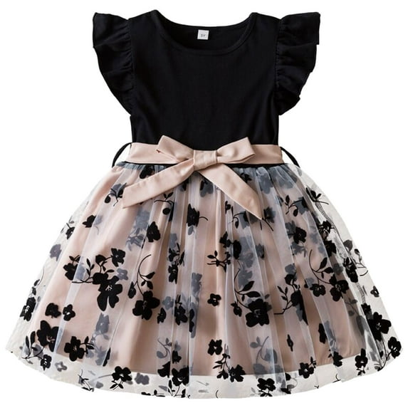 Toddler Children Girls Fly Sleeve Flowers Prints Bowknot Dresses Mesh Dress Clothes Girl First Birthday Outfit Girl Dress Size 16 Toddler Girl 5t Rainbow Long Sleeve 4 Years Old Girl Clothes Belle